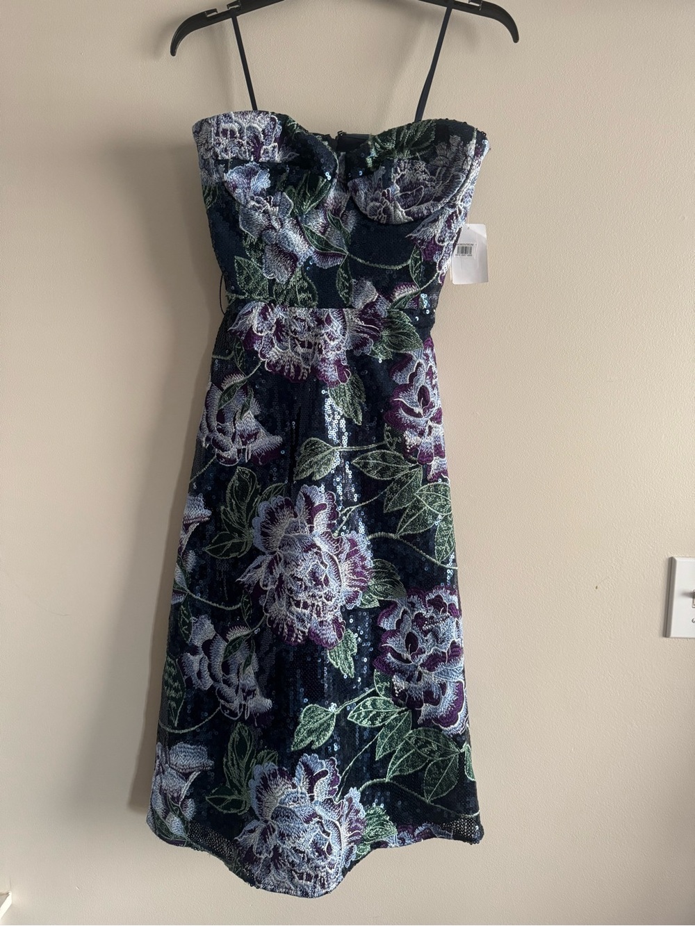Dress the Population Navy Strapless Floral Sequin Midi Dress